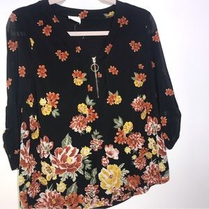 Siren Lily’s Black Foral with sheer 3/4 sleeves with button on sleeves -PL